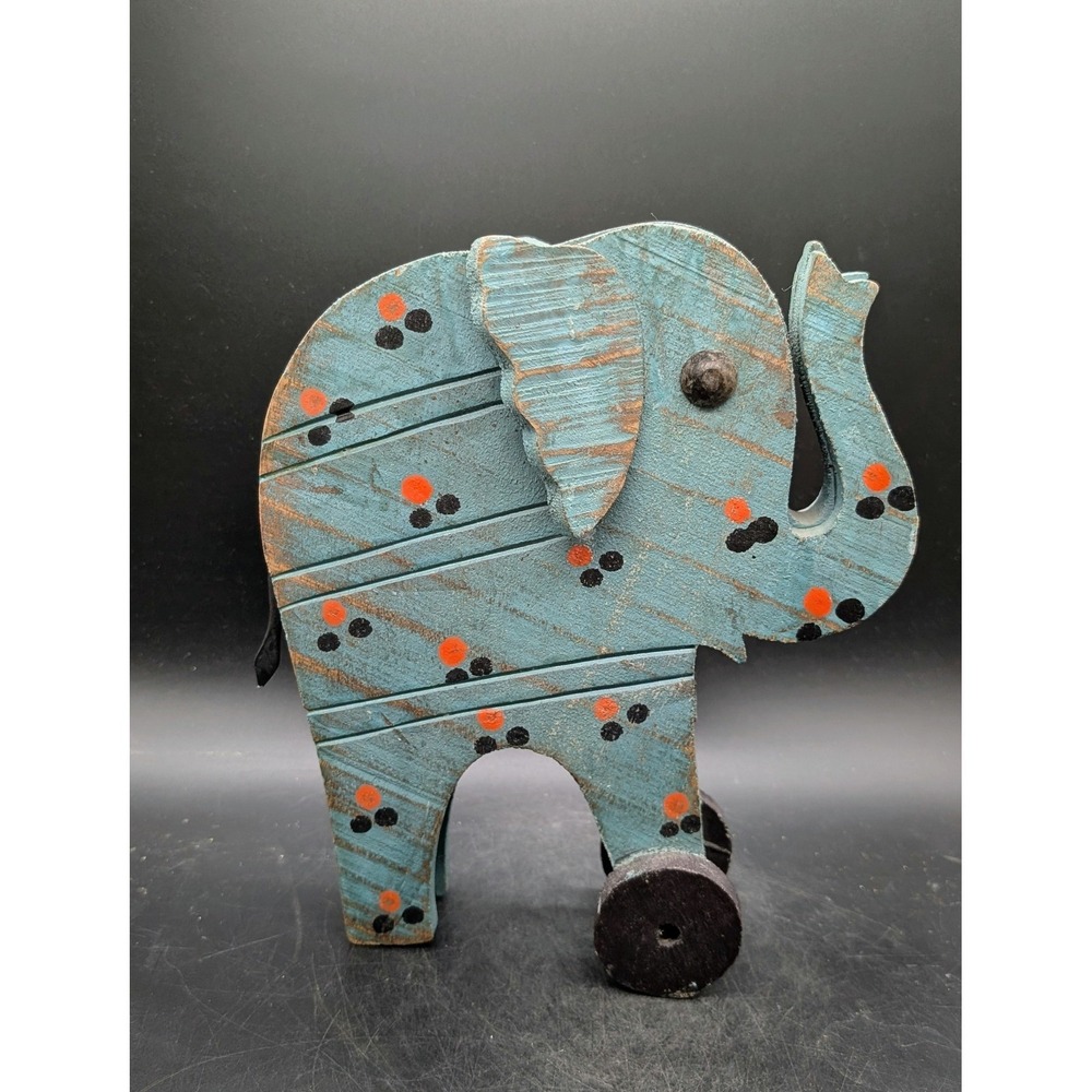 Rustic‎ Hand Painted Wooden Elephant Figurine Rolling Wheels Blue Folk Art Decor